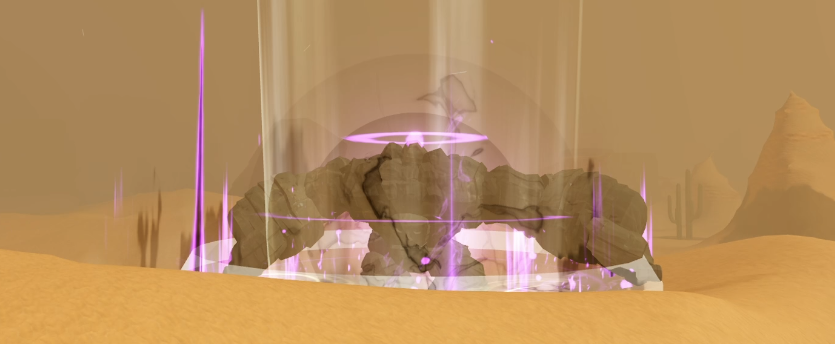 Ancient Golem emerging from the desert amid purple energy