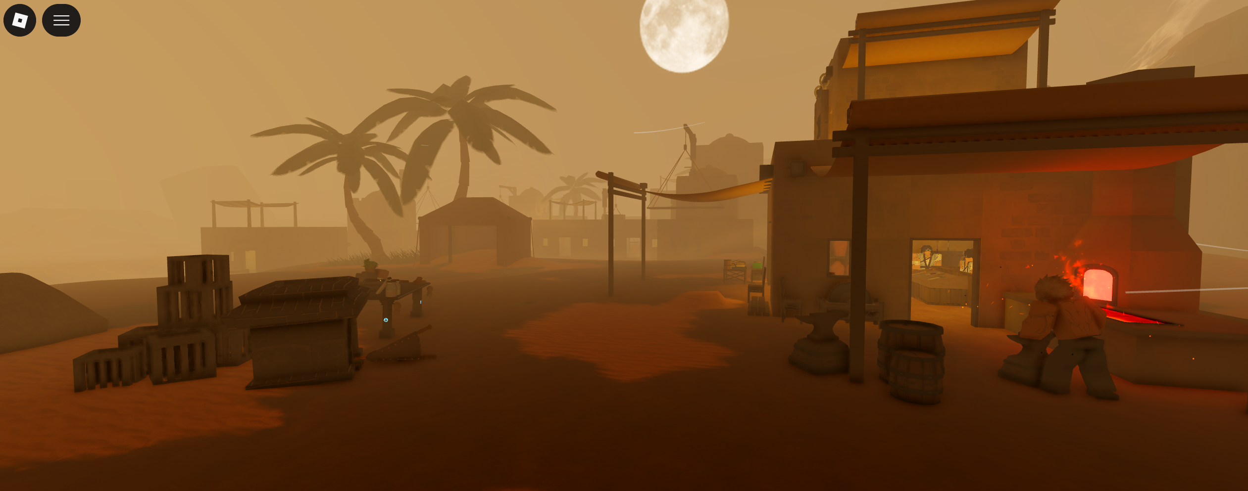 A sand-swept desert settlement with palm trees and an orange glow from a blacksmith's forge