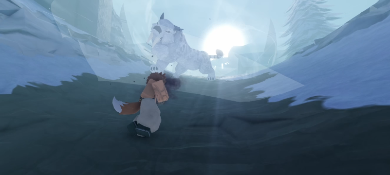Haku, a white sabertooth, facing a fighter in an icy valley