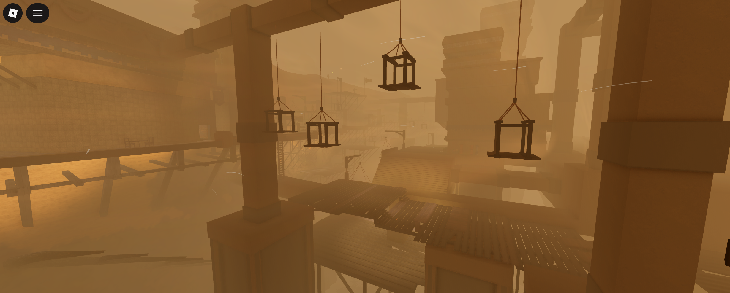 Hanging lanterns suspended among sandstone columns and wooden walkways in hazy desert ruins