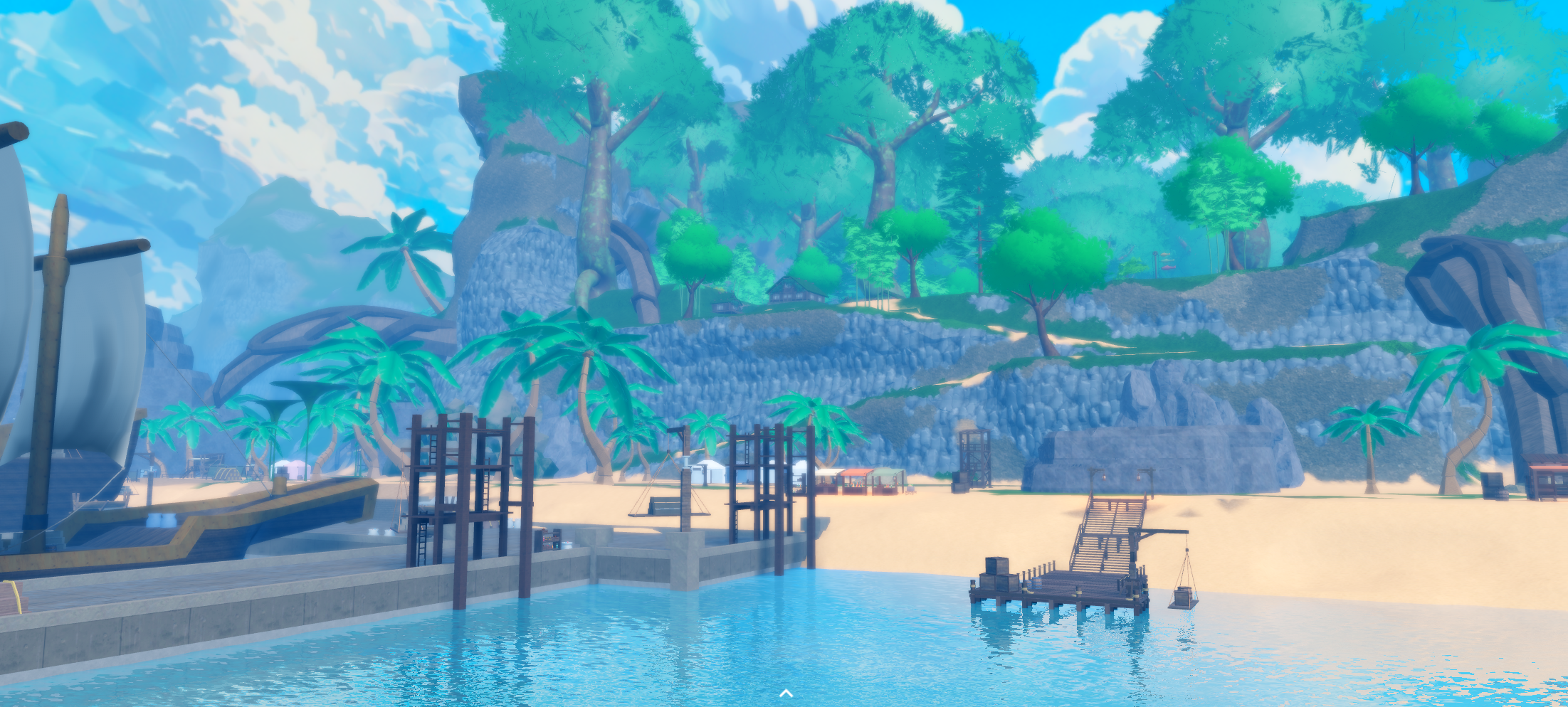 A sunny beach and harbor beneath palm trees and green terraced cliffs