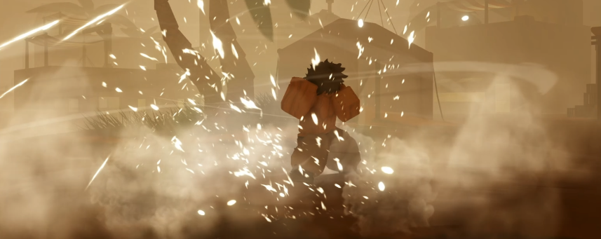 Wasteland fighter surrounded by dust and sparks from a powerful impact
